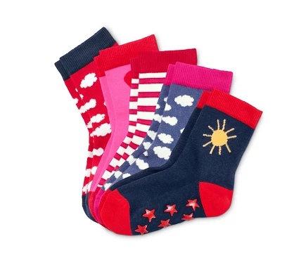 Cinq paires de chaussettes ABS en coton bio de différentes couleurs et motifs.