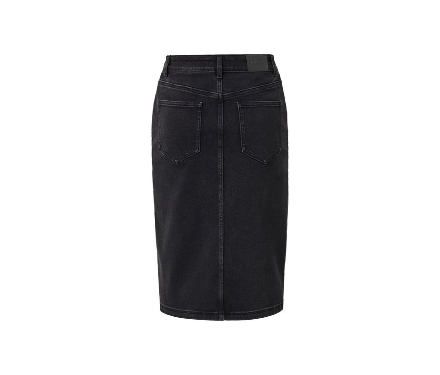 Vue détaillée de l'arrière d'une jupe crayon en jean.
