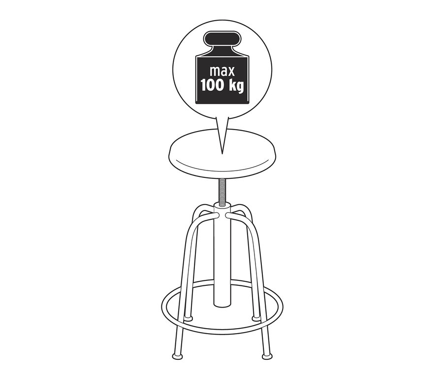 Schéma d'un tabouret de bar réglable en hauteur. La capacité de poids maximale est de 100 kg.