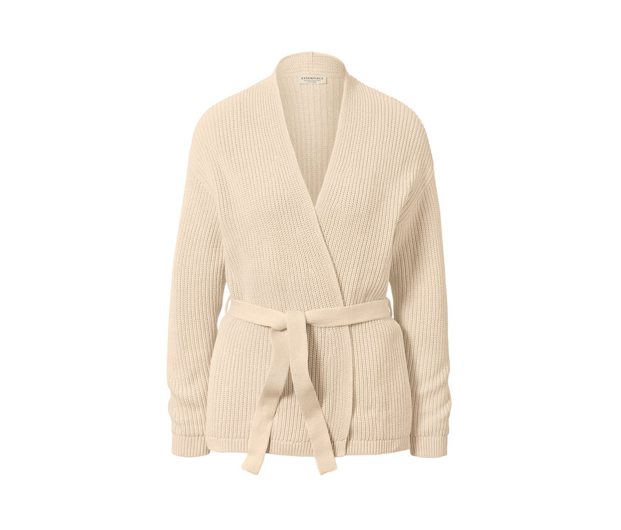 Cardigan cache-cœur beige avec ceinture.