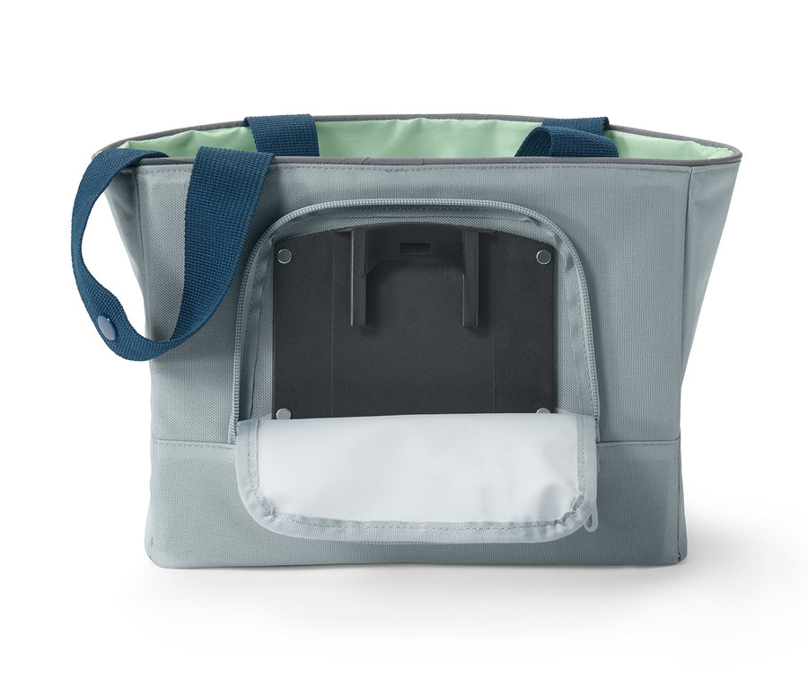 Sacoche grise pour guidon de vélo avec des sangles bleues.