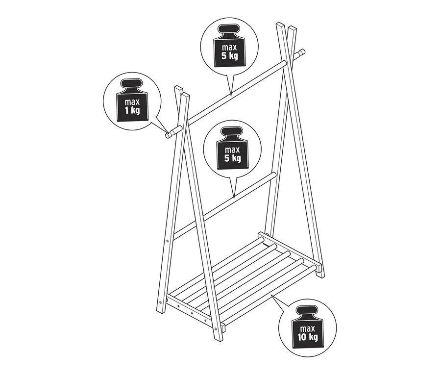 Schéma d'une tringle à vêtements en bois massif avec une capacité de charge maximale de 1 kg, 5 kg et 10 kg.
