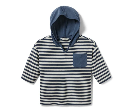Maillot en tissu éponge rayé pour enfant avec capuche et poche poitrine.