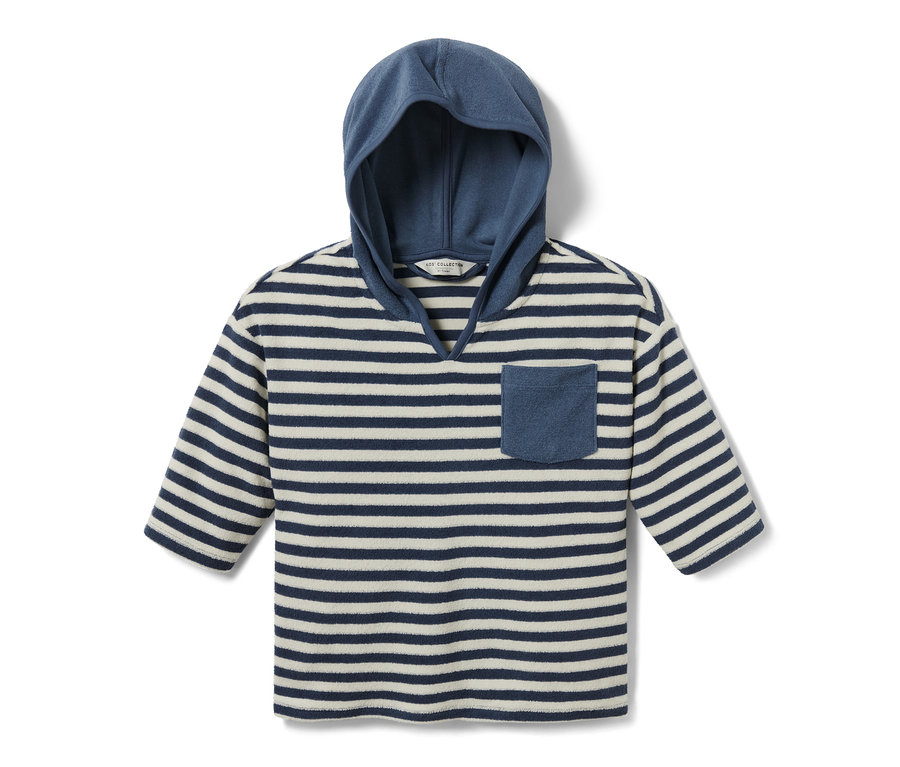 Maillot en tissu éponge rayé pour enfant avec capuche et poche poitrine.