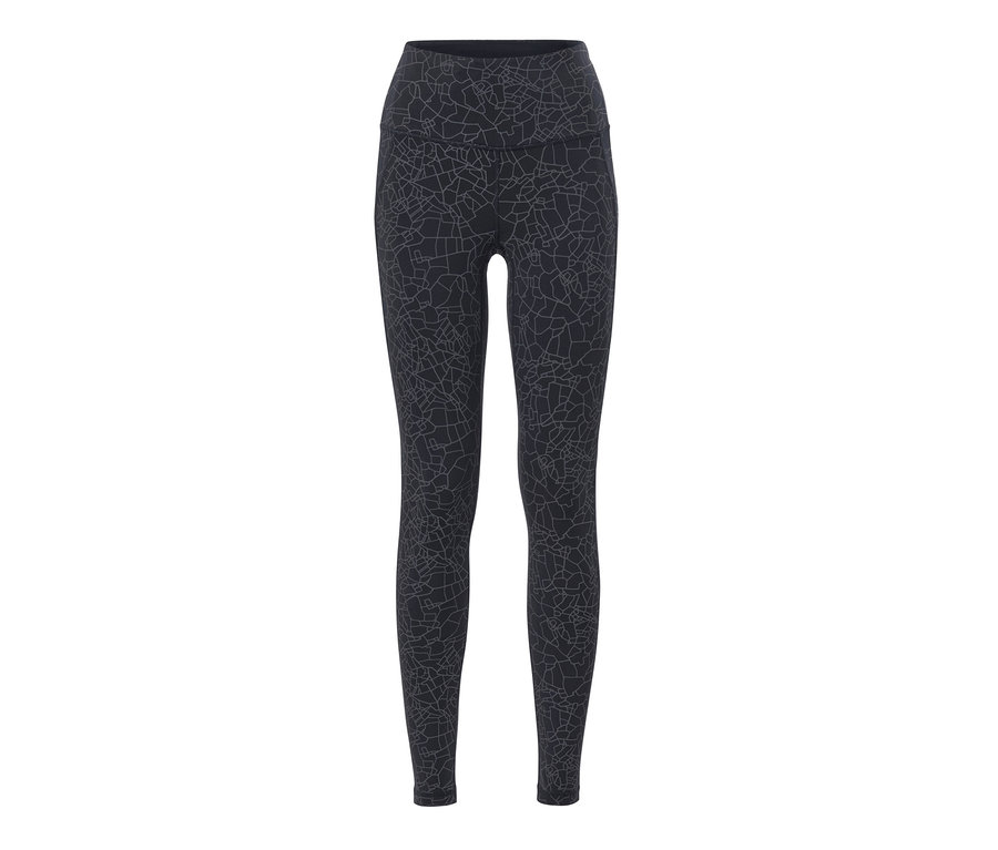 Legging de sport noir, réfléchissant couleur arc-en-ciel, avec un imprimé réfléchissant arc-en-ciel.