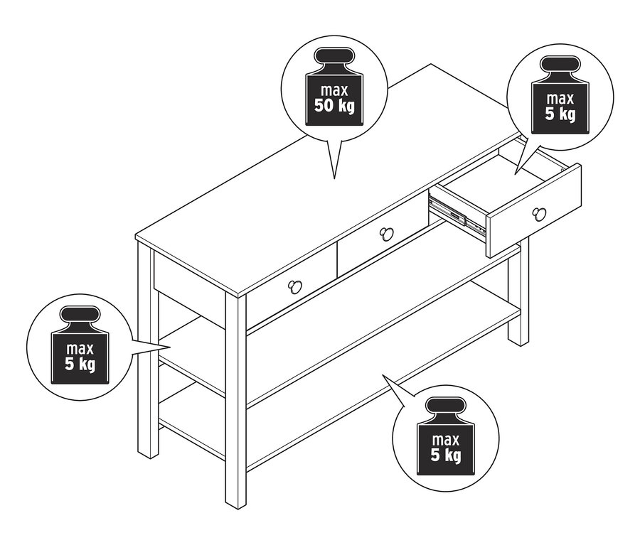 Un dessin d'une console à tiroirs, dont l'un est ouvert.