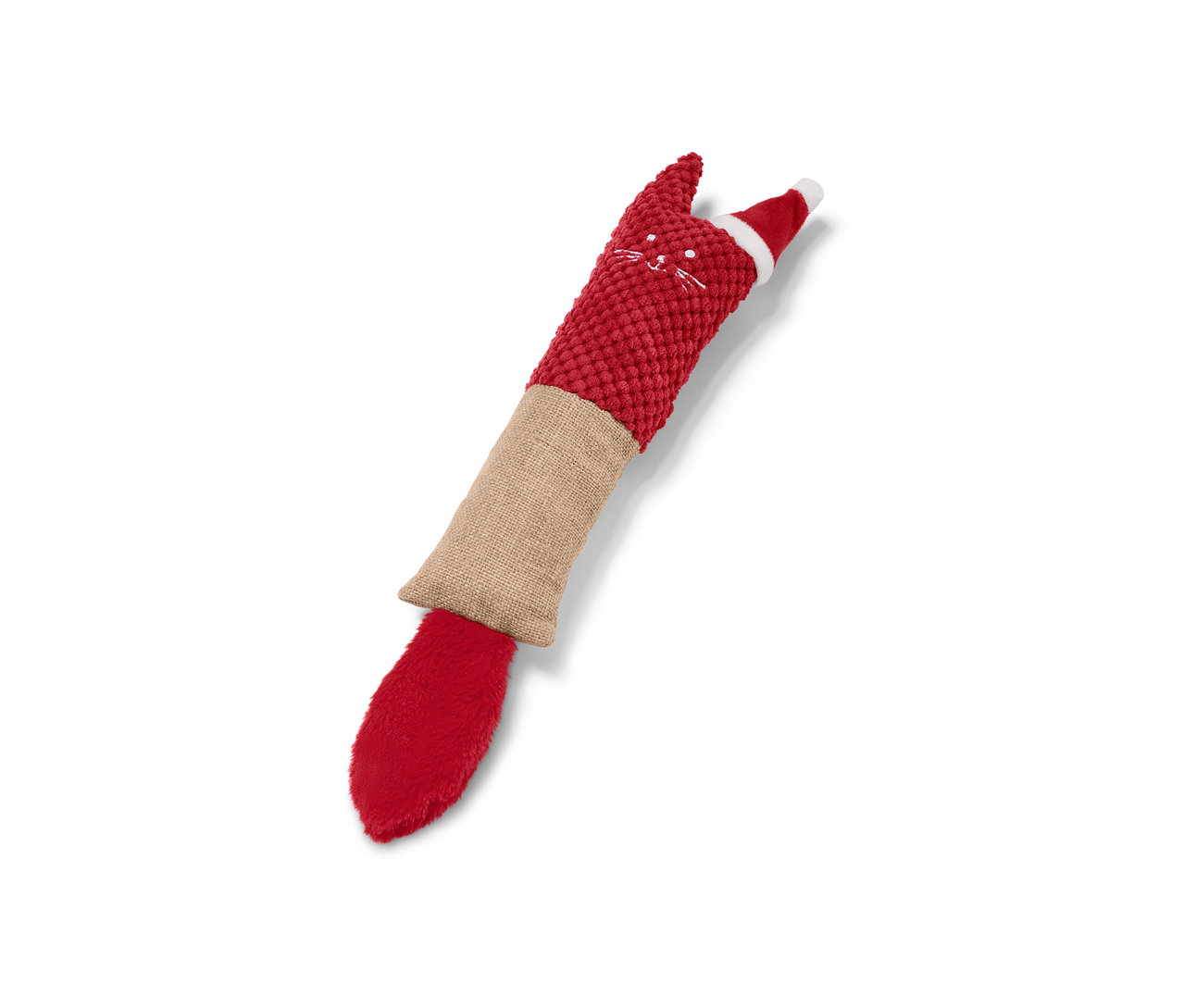Un rouleau de jeu rouge pour chat avec un motif de chat et un bonnet de Noël.