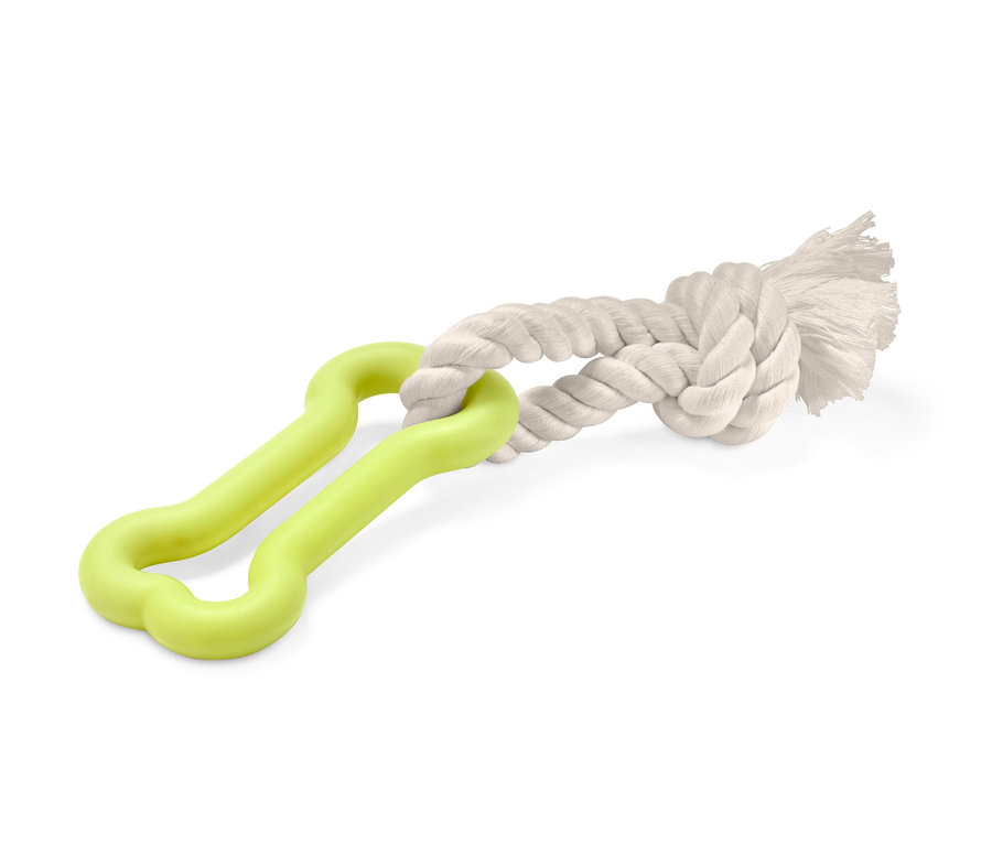 Jouet pour chien : Os vert relié à un nœud de corde blanche.