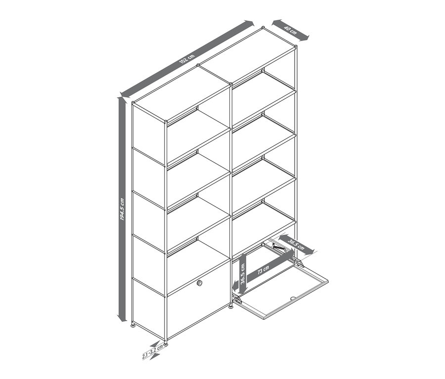 Schéma d'une étagère « CN3 » à 2 abattants. Dimensions : hauteur 194,5 cm, largeur 152 cm, profondeur 40 cm. Un des compartiments est ouvert.