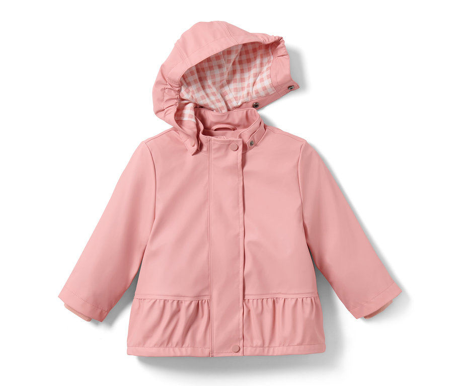 Veste pour tout petit « ciré de pêche » rose avec capuche et doublure à carreaux.