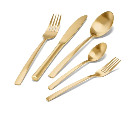 Ensemble de couverts, 20 pièces, couleur or champagne, comprenant une fourchette, un couteau et des cuillères.