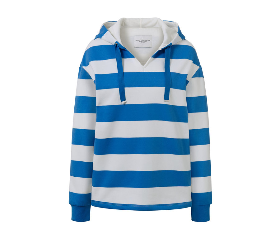 Sweatshirt à capuche à rayures bleues et blanches.