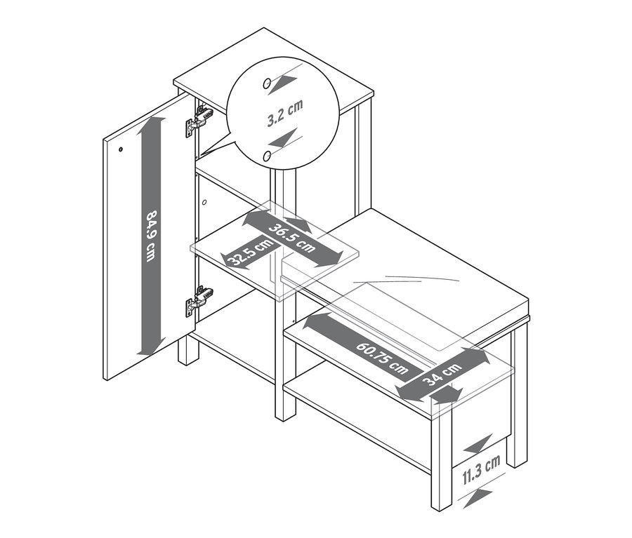Illustration d'une banquette avec armoire à chaussures avec des dimensions mises en évidence.