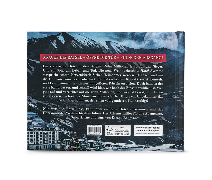 Dos du livre calendrier de l’Avent Escape Room « Das Hotel der tausend Augen » avec montagnes enneigées et hôtel.