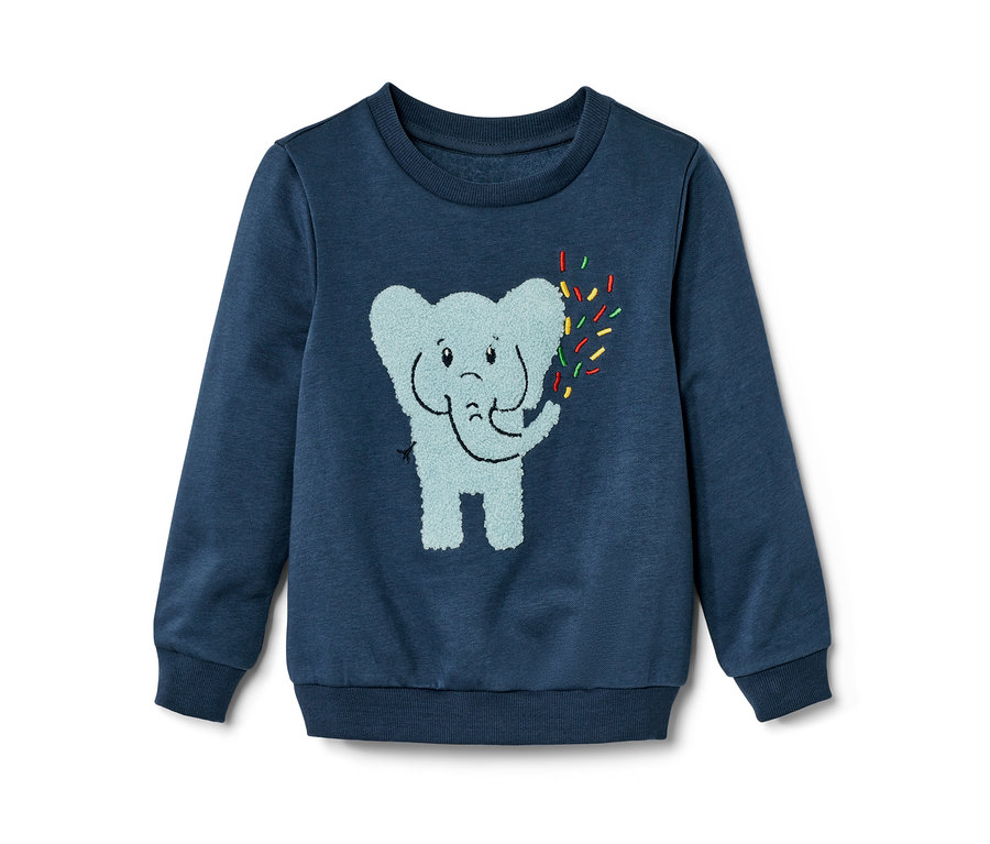 Sweat-shirt enfant bleu avec intérieur gratté et motif éléphant.