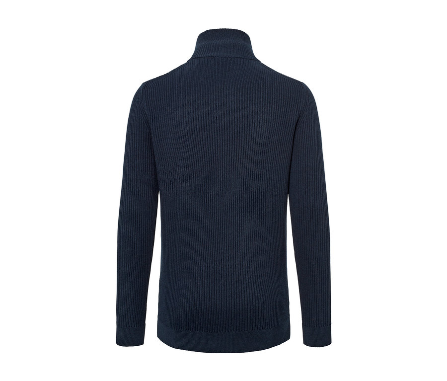 Vue détaillée de l'arrière d'une jaquette en maille bleu marine.