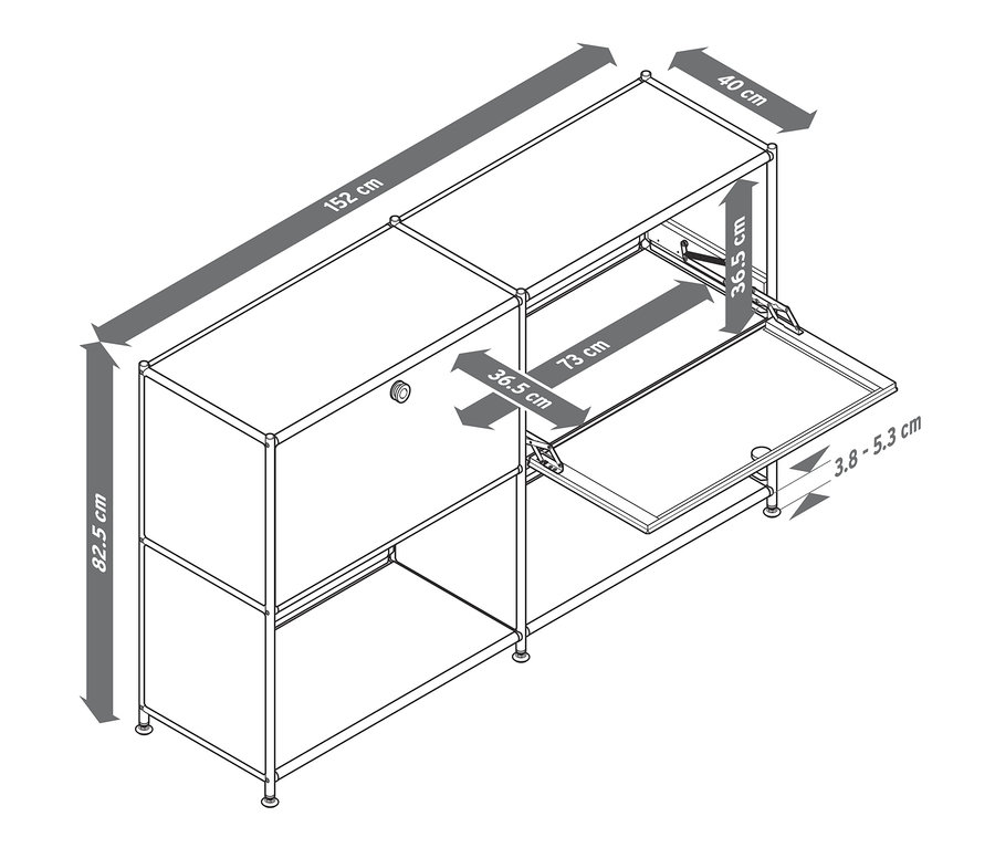 Schéma d'un buffet en métal « CN3 » à 2 abattants amovibles, avec ses dimensions.