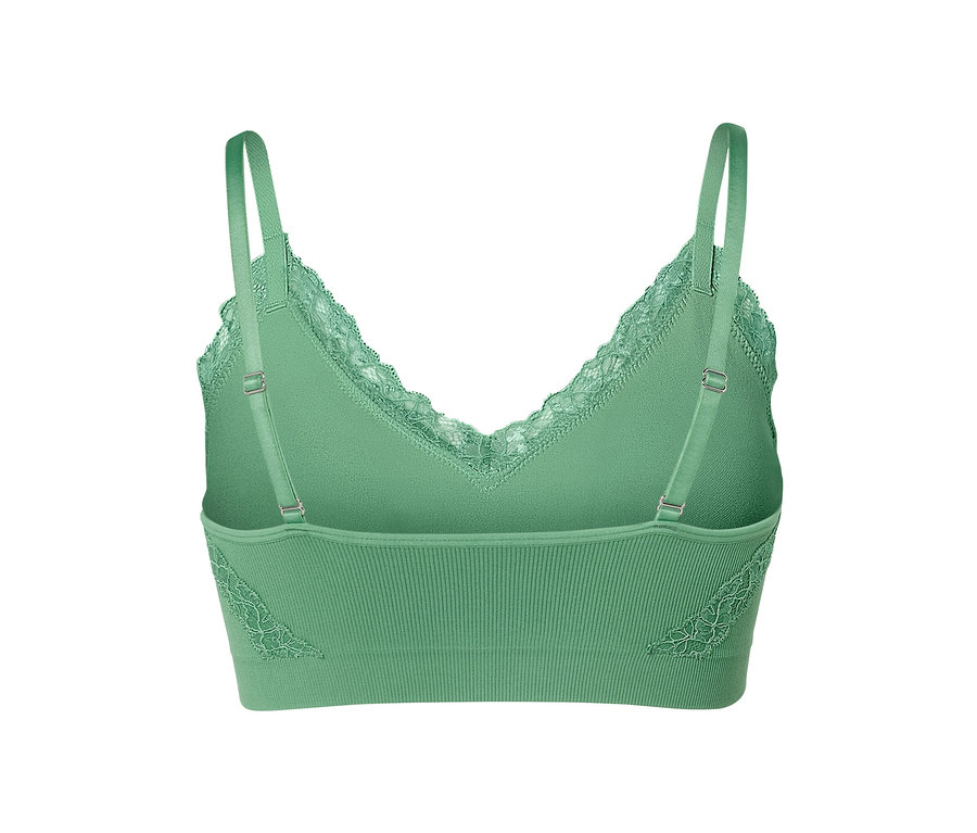 Gros plan d'une brassière sans coutures verte avec bordure en dentelle.
