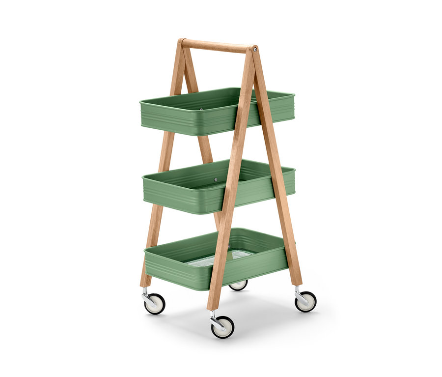 Un chariot de service de cuisine vert avec trois étagères et un cadre en bois.
