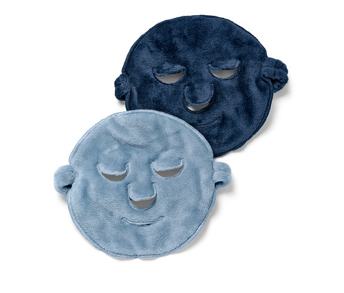 Deux masques pour le visage, un bleu clair et un bleu foncé.