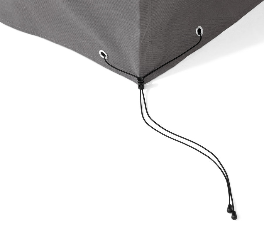 Coin d'une housse de protection premium grise pour corbeille de plage XL/XXL avec cordon de serrage.