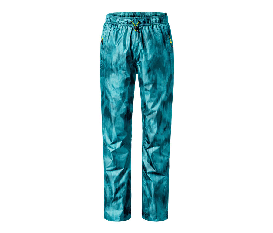 Pantalon de pluie turquoise avec imprimé intégral.