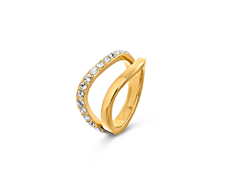 Bague dorée double vague avec cristaux.