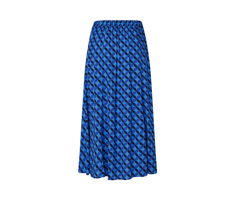 Jupe midi imprimée bleu foncé.