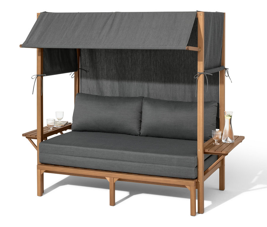 Chaise de plage Lounge « Tinus » avec repose-pieds extensible, coussins gris et cadre en bois.