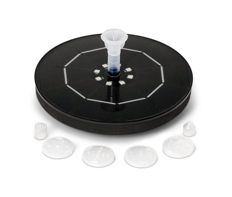 Fontaine flottante à énergie solaire avec éclairage sur fond blanc.