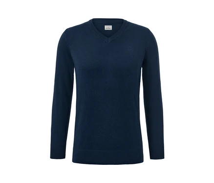 Pull bleu marine à encolure en V.