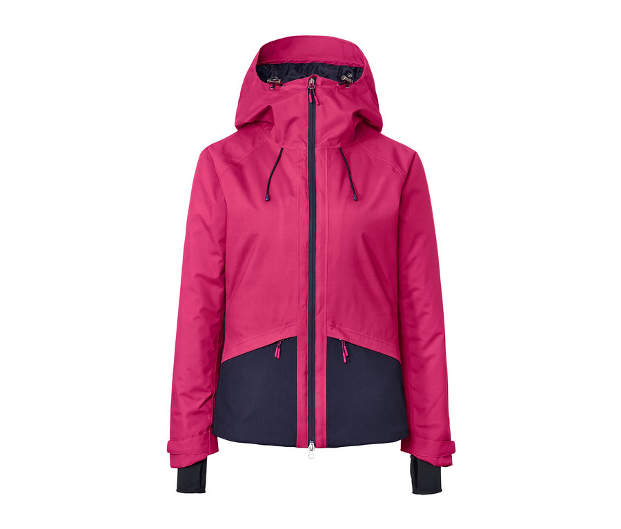 Veste de ski rose et marine avec fermeture éclair et capuche.