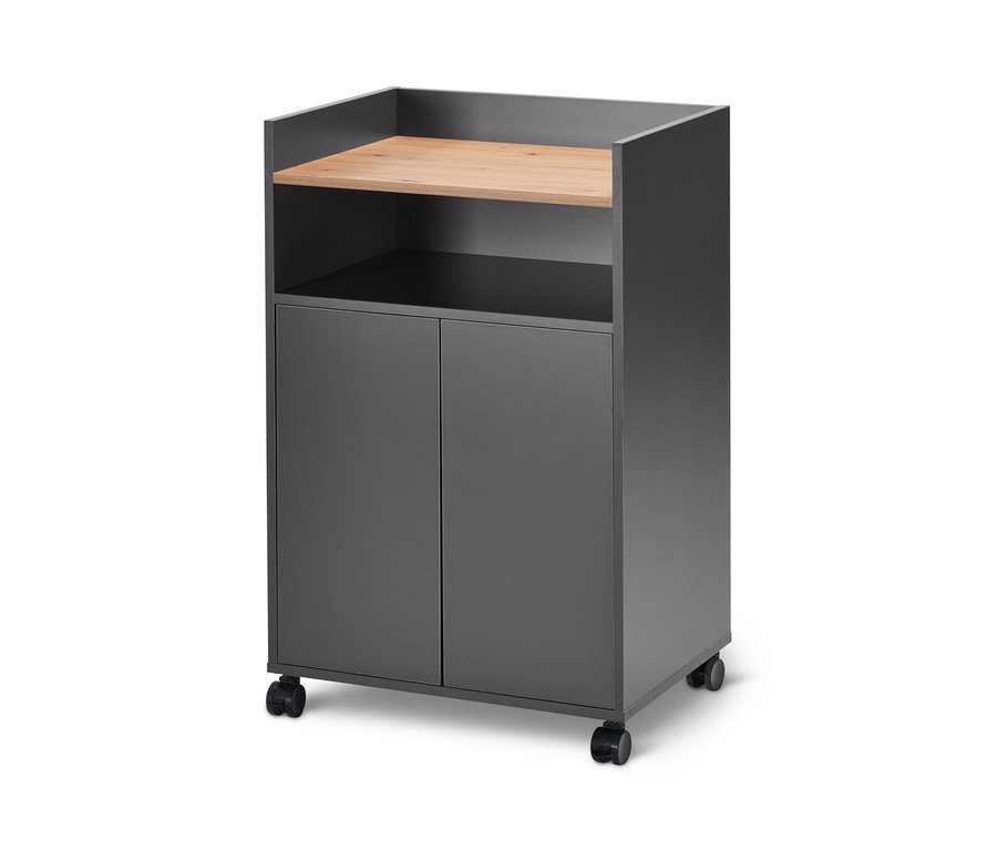 Chariot de travail de cuisine gris avec un plan de travail en bois et deux portes.