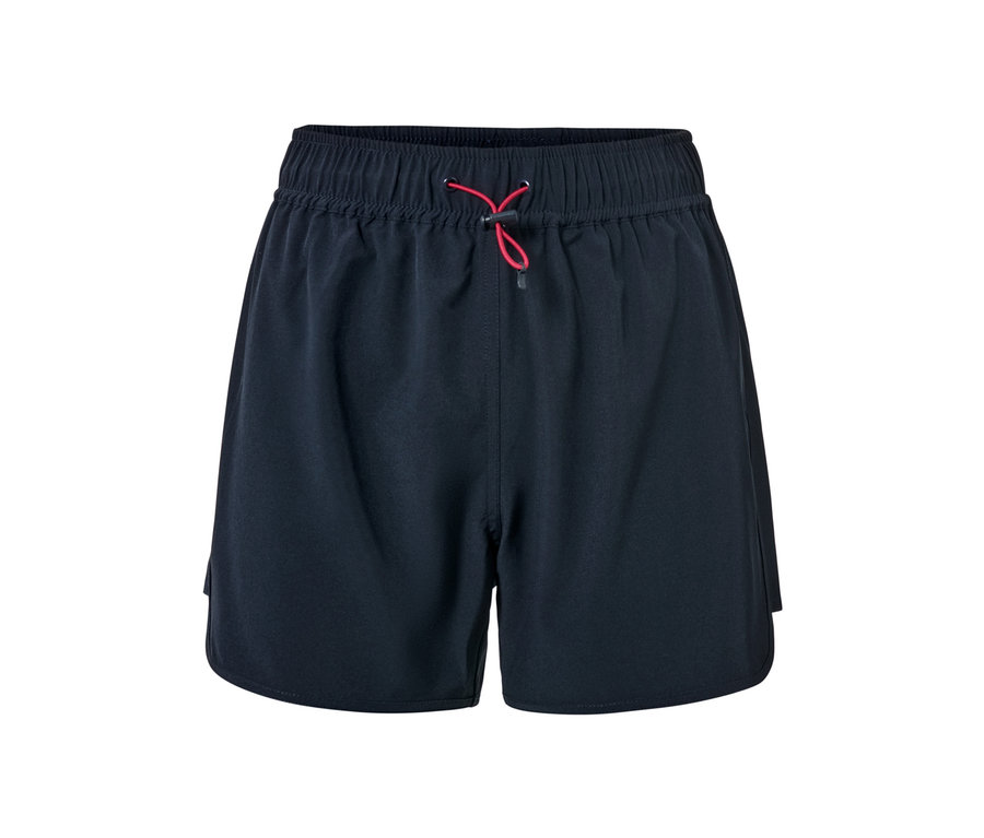 Short de bain bleu foncé avec cordon de serrage rouge.