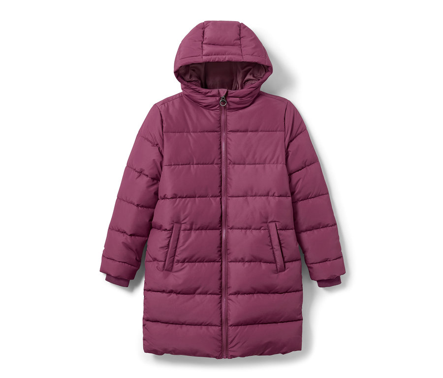 Manteau thermique pour enfant rouge et violet avec capuche.