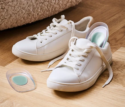 Deux baskets blanches et 1 paire de talonnettes sur un plancher en bois.