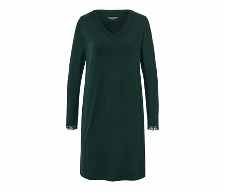 Chemise de nuit vert foncé à manches longues avec bordure en dentelle à l'encolure et aux poignets.