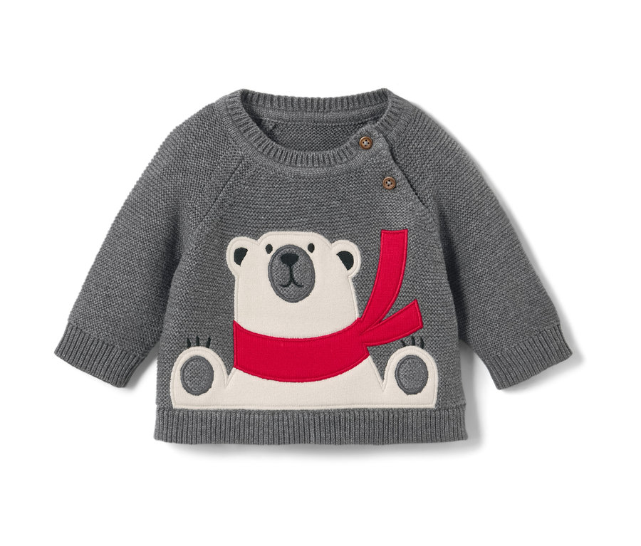 Pull en maille enfant gris avec un ours polaire et une écharpe rouge.