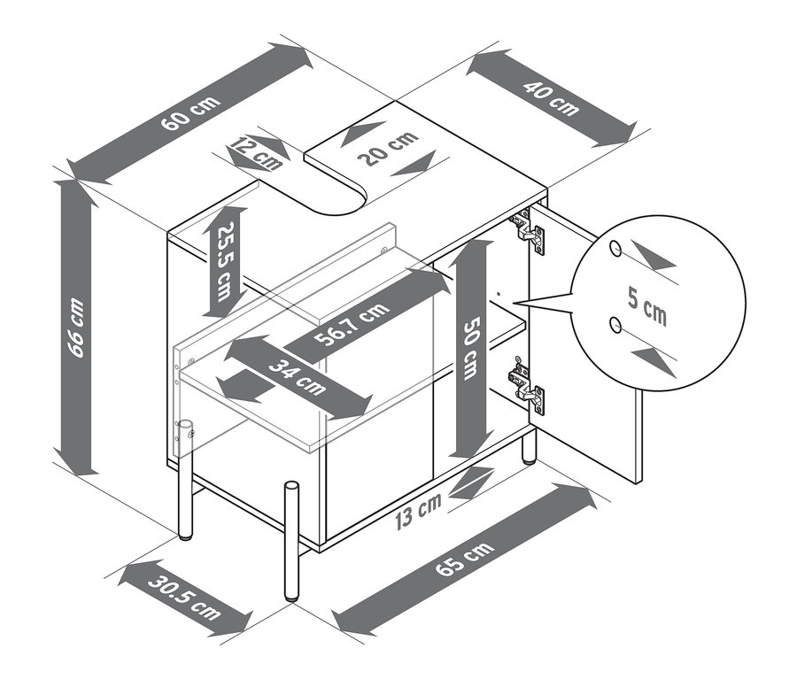 Schéma d'un meuble sous vasque avec placage en bois, avec des dimensions indiquées.