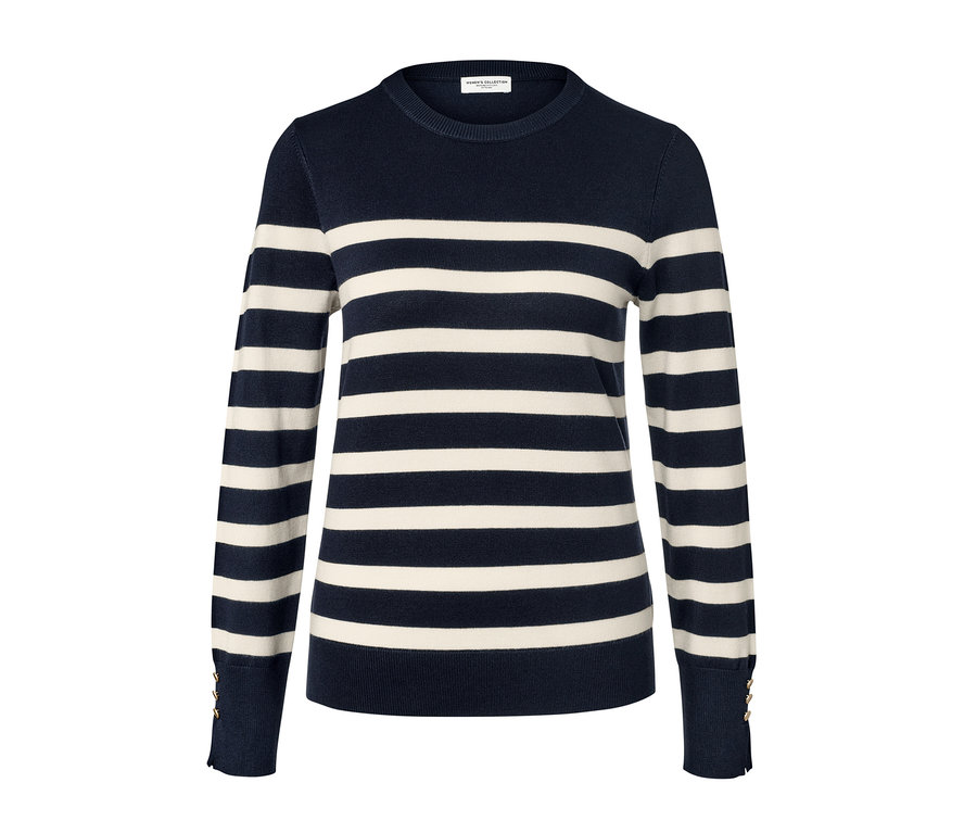 Pull en maille fine rayé bleu foncé.