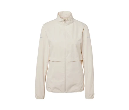 Veste de sport coupe-vent crème avec fermeture éclair sur le devant.