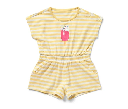 Combinaison pour enfant rayée jaune et blanc avec un motif de glace.