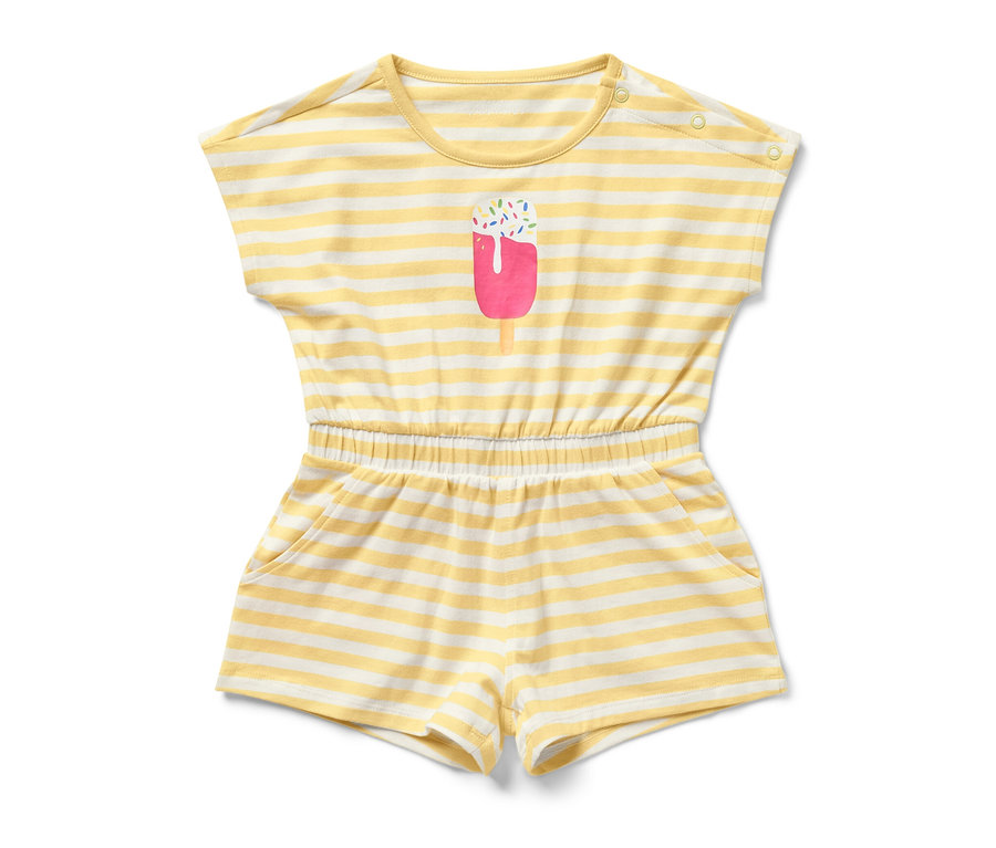 Combinaison pour enfant rayée jaune et blanc avec un motif de glace.