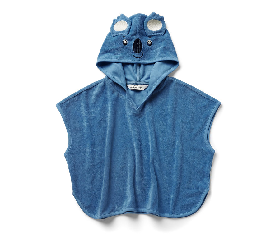 Poncho en tissu éponge bleu pour enfant avec capuche et application de koala.