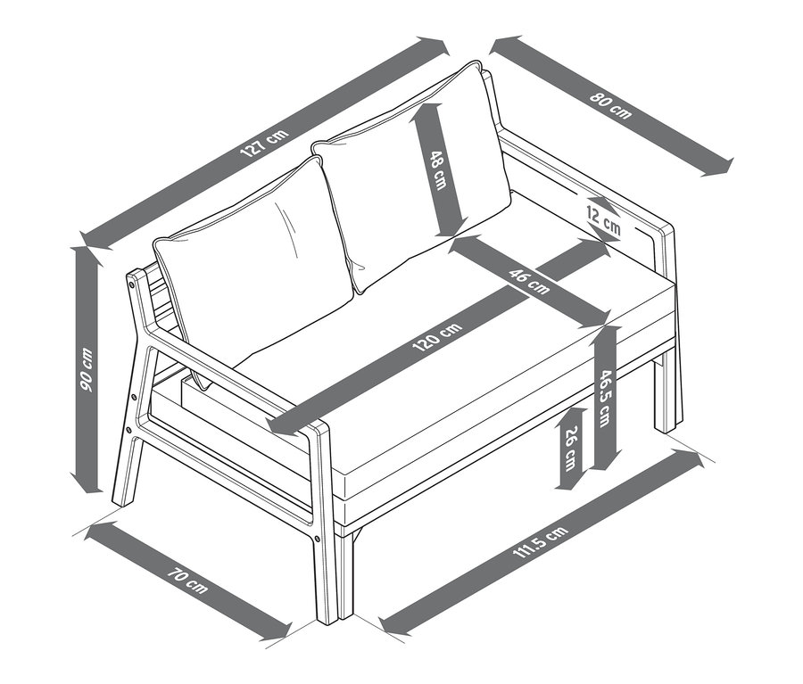 Schéma d'un canapé lounge extensible avec repose-pieds à tirer et indications de dimension.