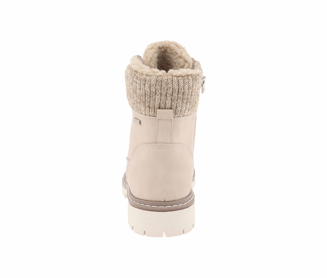 Botillons d'hiver beiges pour femmes avec bordure en tricot et doublure en fourrure.