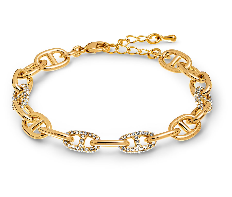 Vue détaillée d'un bracelet doré avec des pierres décoratives sur fond blanc.