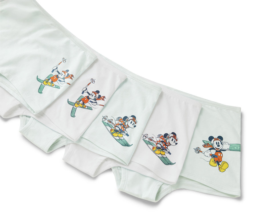 Cinq culottes pour filles »Mickey and Friends« sont alignées, chacune avec un motif de ski différent de Mickey Mouse.