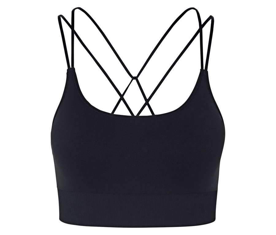 Soutien-gorge de sport noir avec de fines bretelles croisées dans le dos.