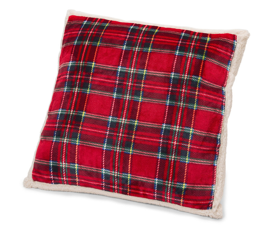 Coussin à carreaux rouges avec bordure crème.